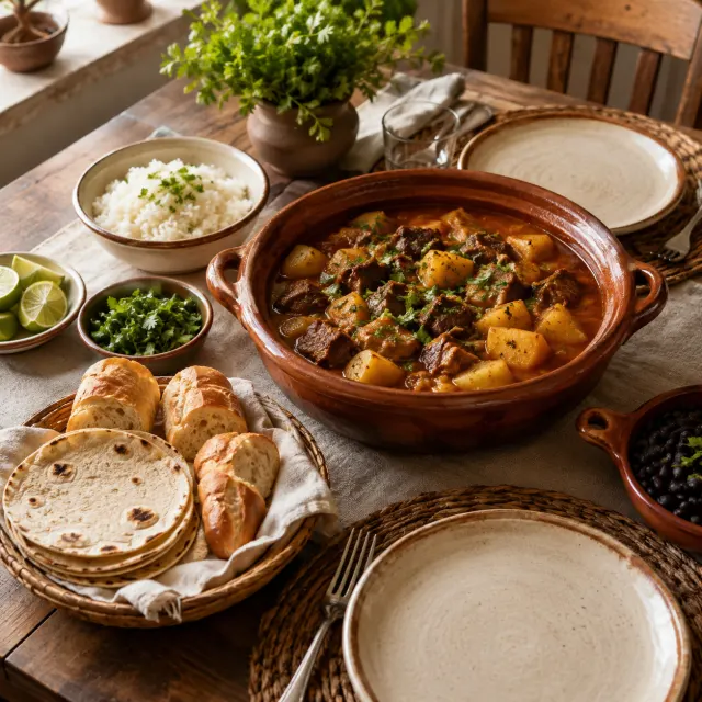 Mesa con guiso casero, arroz, frijoles, pan y tortillas para compartir
