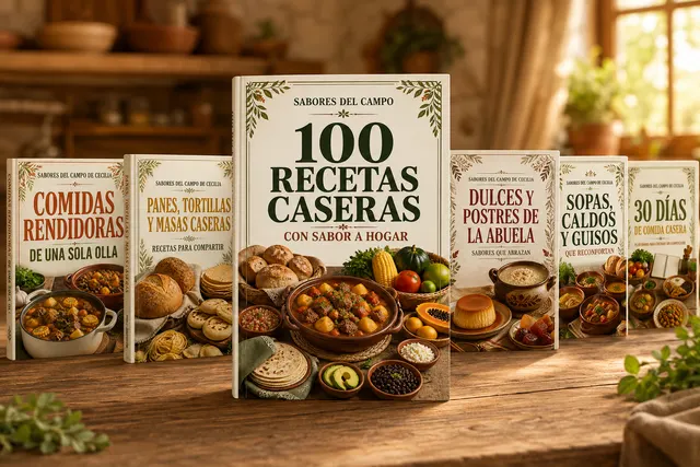 Los seis libros digitales del kit, con 100 Recetas Caseras al centro, sobre una mesa en una cocina acogedora